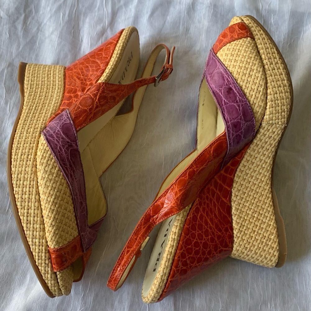 PRADA Slingback Rattan Leather Wedge Open Toe colorful Sandals Shoes sz 8.5-9 - Picture 5 of 10